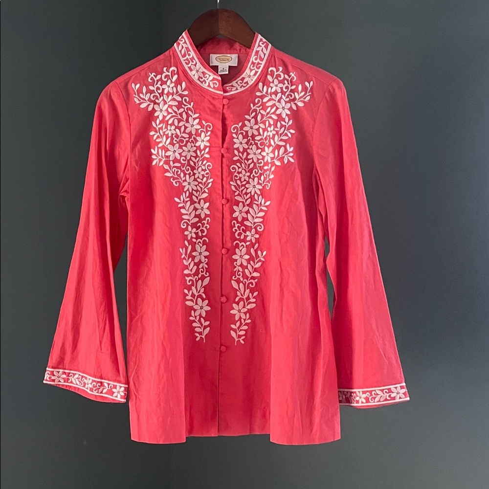 Talbots Coral Blouse with White Embroidery vintage